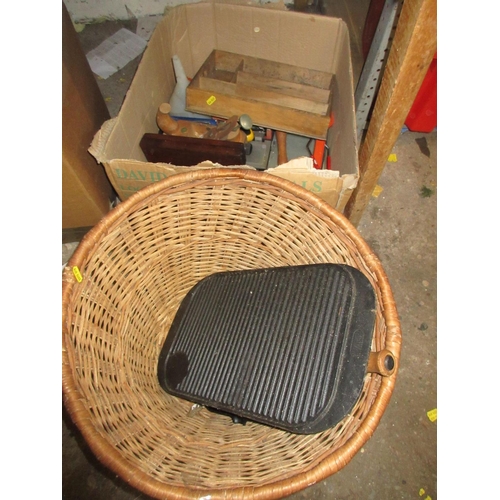 472 - BOX OF TOOLS A LOG BASKET AND A SKILLET PAN