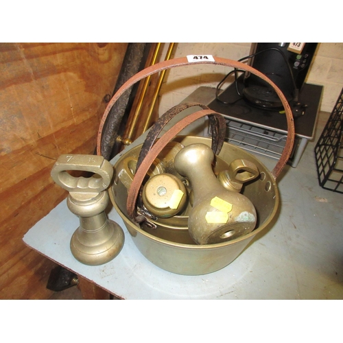 474 - BRASS BELL WEIGHTS AND THREE GRADUATED JAM PANS