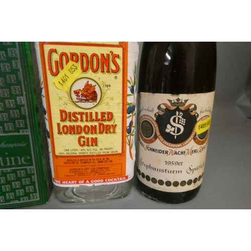 10 - Six bottles of mixed spirits, wine and liqueur, comprising 1litre vintage Gordon's London Dry Gin, a... 