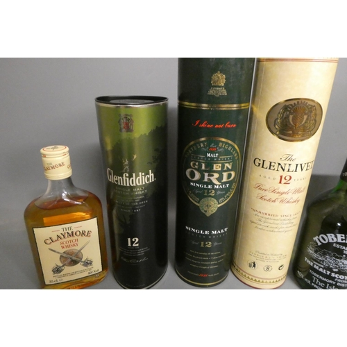 113 - Seven bottles of Scotch whisky, comprising 12yr old Glen Org in tube, 12yr old Glenlivet in tube, a ... 