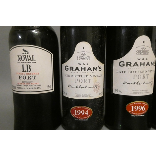 15 - Five bottles of wine and port, comprising two Graham's LBV 1994 and 1996 port, a Noval LB finest res... 