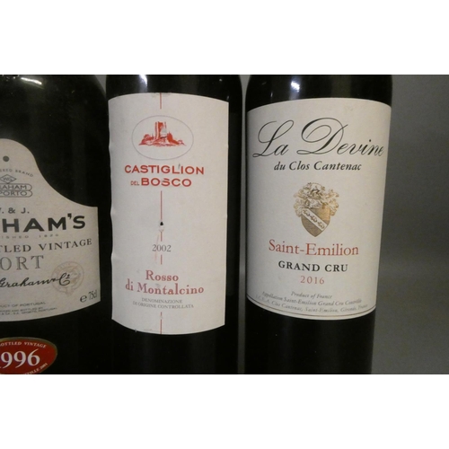 15 - Five bottles of wine and port, comprising two Graham's LBV 1994 and 1996 port, a Noval LB finest res... 