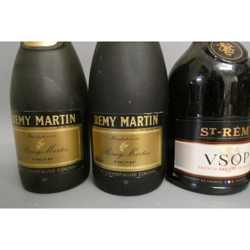 50 - Five bottles of cognac and brandy, comprising 1litre Remy Martin fine champagne cognac, 1litre St-Re... 