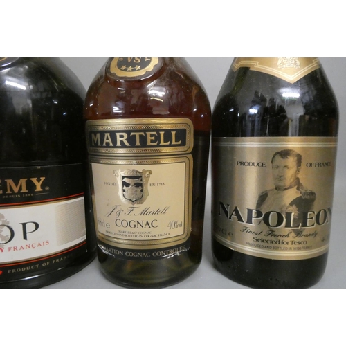 50 - Five bottles of cognac and brandy, comprising 1litre Remy Martin fine champagne cognac, 1litre St-Re... 