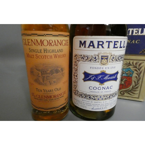 52 - One Martell three star cognac, boxed, 24 fl. ozs., together with a 35cl 10yr old Glenmorangie single... 