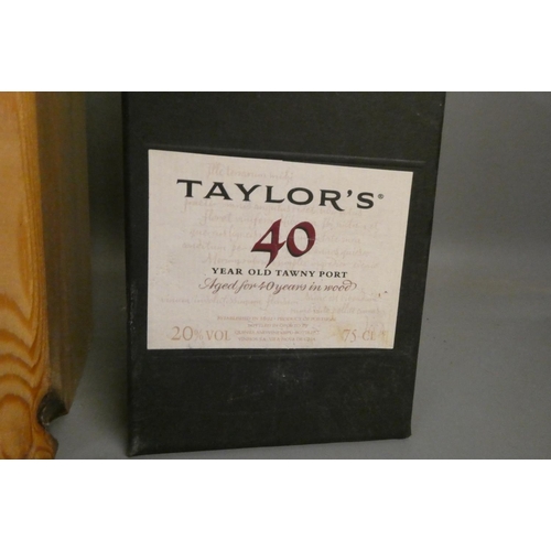 8 - Three boxed bottles comprising a Laphroaig triple wood single malt whisky, a Taylor's 40yr old tawny... 