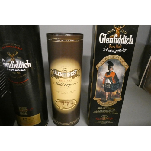 80 - Three bottles of Glenfiddich malt whisky, comprising two 12yr old single malts in tubes and a pure m... 