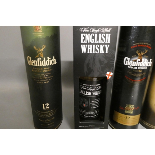 80 - Three bottles of Glenfiddich malt whisky, comprising two 12yr old single malts in tubes and a pure m... 