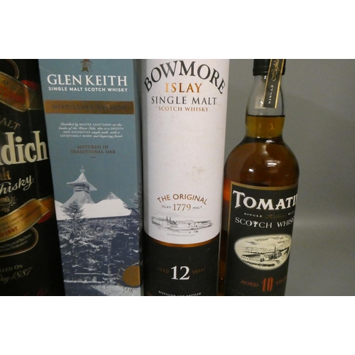 84 - Five bottles of Scotch whisky, comprising a 12yr old Bowmore The Original in tube, a 10yr old Tomati... 