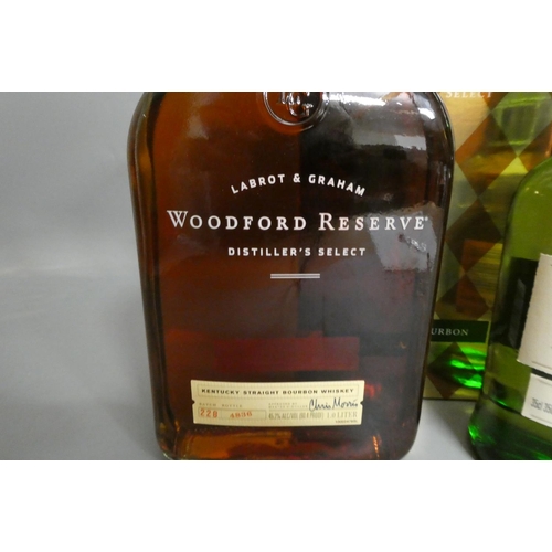 94 - Three bottles of boxed whisky, comprising 1litre Woodford Reserve bourbon, batch 228, bottle 4836, a... 