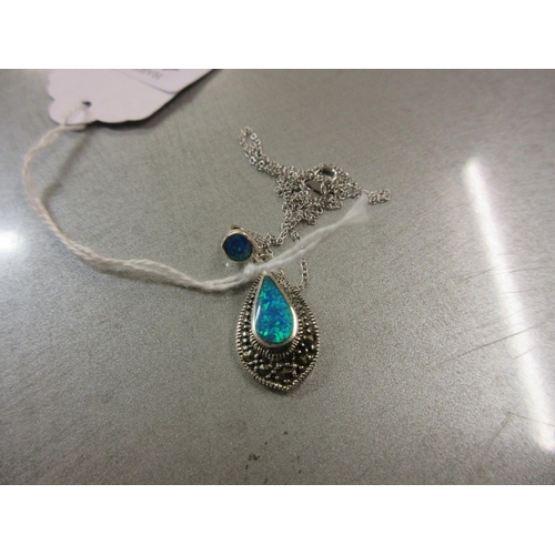 165 - BLUE OPAL AND MARCASITE SILVER PENDANT ON A SILVER CHAIN