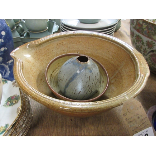 58 - POURING BOWL BY A & J YOUNG GRESHAM AND TWO STUDIO POTTERY ITEMS