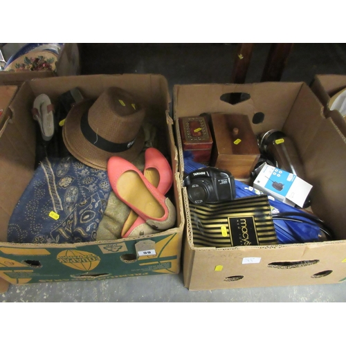 99 - TWO BOXES OF MISCELLANEOUS INCLUDING MACYS BAG AND SHOES