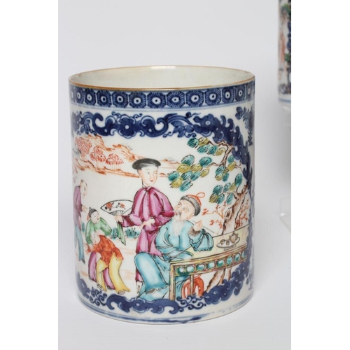 12 - A COLLECTION OF CHINESE FAMILLE ROSE PORCELAIN comprising two cylindrical mugs painted with figures,... 