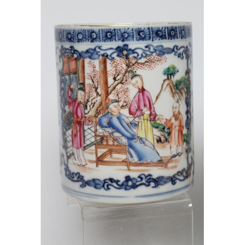 12 - A COLLECTION OF CHINESE FAMILLE ROSE PORCELAIN comprising two cylindrical mugs painted with figures,... 