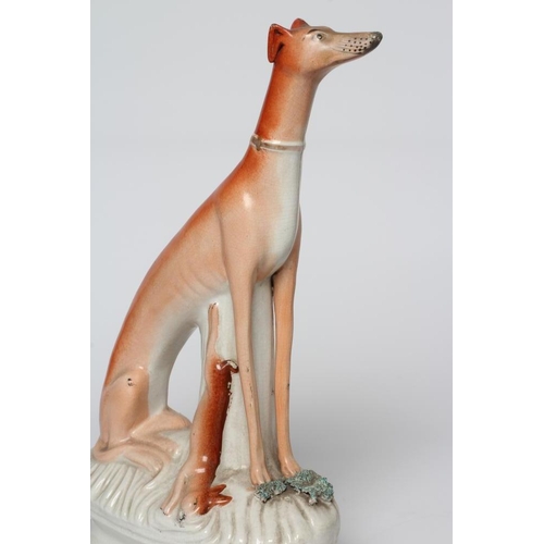 19 - A PAIR OF VICTORIAN STAFFORDSHIRE POTTERY GREYHOUNDS modelled seated with free-standing fore-legs, h... 