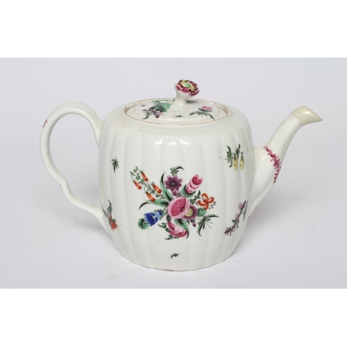 21 - A WORCESTER PORCELAIN RIBBED BARREL TEAPOT AND COVER, c.1775, painted in colours with bouquets and s... 