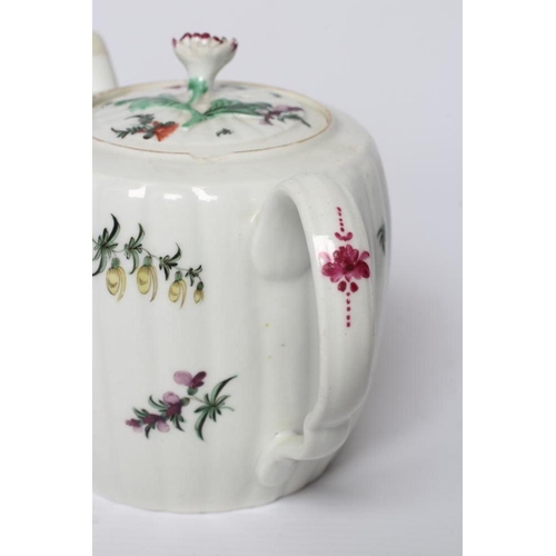 21 - A WORCESTER PORCELAIN RIBBED BARREL TEAPOT AND COVER, c.1775, painted in colours with bouquets and s... 