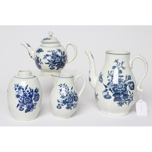 25 - A COLLECTION OF WORCESTER THREE FLOWERS PORCELAIN, c.1770, comprising baluster coffee pot, 6 3/4