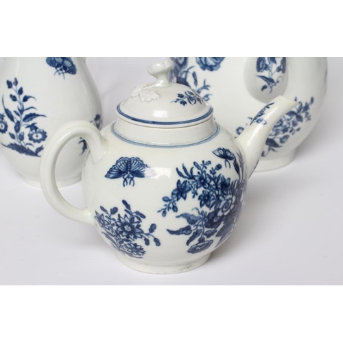 25 - A COLLECTION OF WORCESTER THREE FLOWERS PORCELAIN, c.1770, comprising baluster coffee pot, 6 3/4