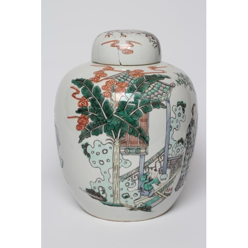 3 - A CHINESE PORCELAIN FAMILLE VERTE LARGE JAR AND COVER painted with four ladies and eight children at... 