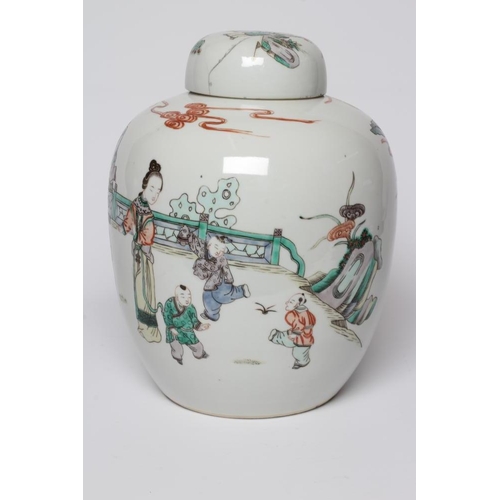 3 - A CHINESE PORCELAIN FAMILLE VERTE LARGE JAR AND COVER painted with four ladies and eight children at... 