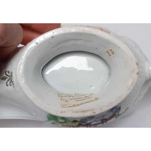 33 - A WORCESTER PORCELAIN HIGH-FOOTED SAUCEBOAT, c.1755, of shaped oval form with moulded panels, painte... 