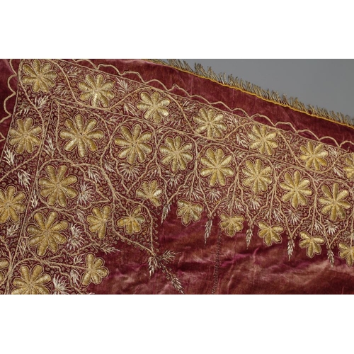 412 - A CONTINENTAL PURPLE VELVET COVER, possibly Italian, 19th century, the triple panelled centre embroi... 