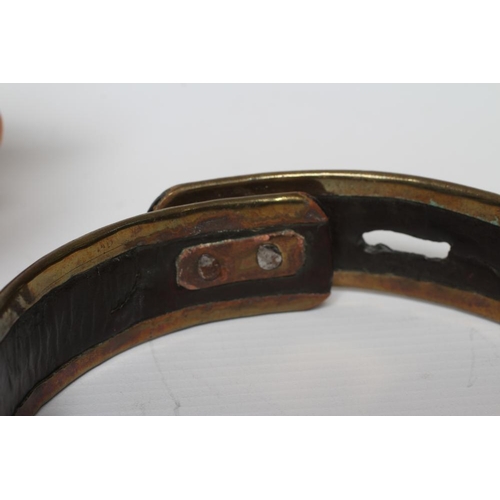 413 - A BRASS DOG COLLAR, early 19th century, engraved 'T R Clapham, Austwick Hall', leather lined, 4 1/2