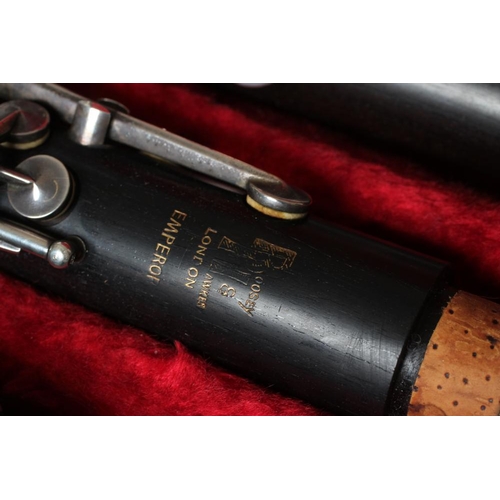 418 - A PAIR OF BOOSEY & HAWKES EMPEROR B? CLARINETS, polished wood with bakelite (?) bells, serial number... 