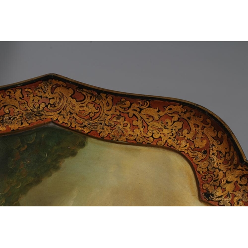 426 - A VICTORIAN BLACK LACQUERED PAPIER MACHE TRAY BY JENNENS & BETTRIDGE, centrally painted with an exte... 