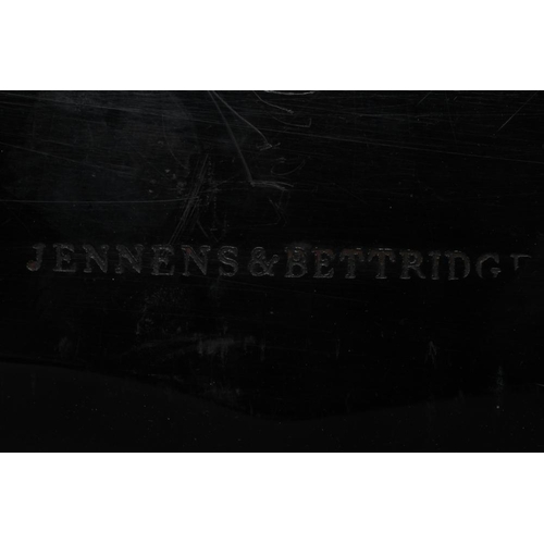 426 - A VICTORIAN BLACK LACQUERED PAPIER MACHE TRAY BY JENNENS & BETTRIDGE, centrally painted with an exte... 