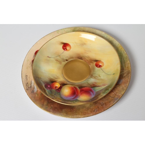 43 - A ROYAL WORCESTER CHINA TEA CUP AND SAUCER, 1930, painted by W. Bee with still lifes of two peaches ... 