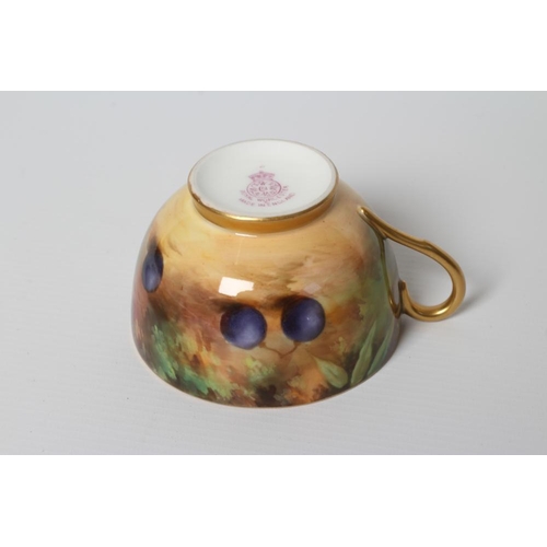 43 - A ROYAL WORCESTER CHINA TEA CUP AND SAUCER, 1930, painted by W. Bee with still lifes of two peaches ... 