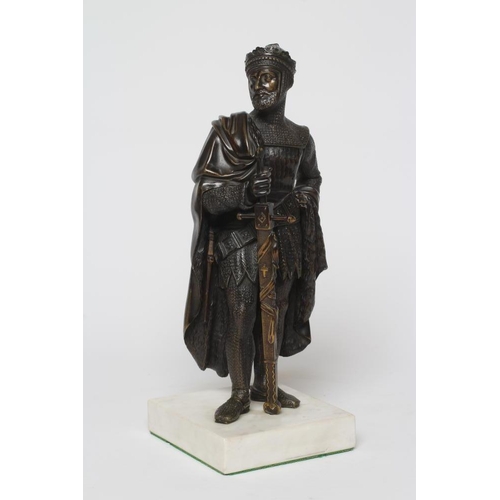 432 - BRITISH SCHOOL (20th century) Bronze of a Medieval King wearing chainmail and holding a sword, stand... 