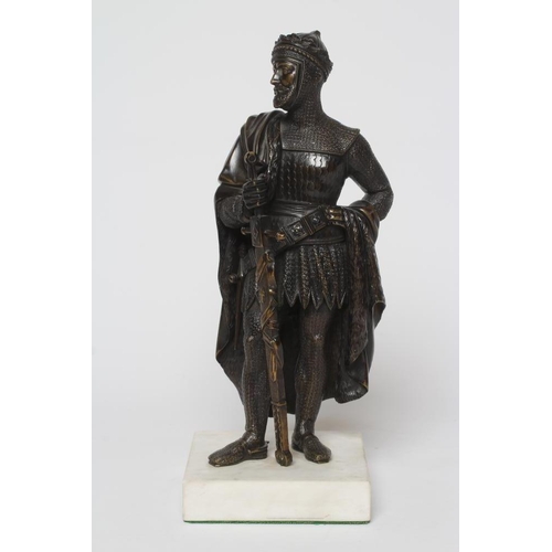 432 - BRITISH SCHOOL (20th century) Bronze of a Medieval King wearing chainmail and holding a sword, stand... 