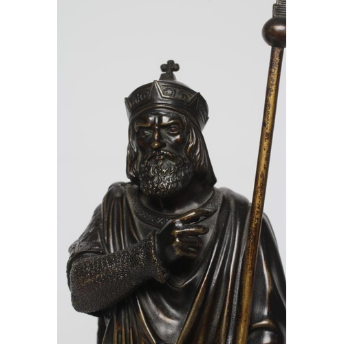 433 - BRITISH SCHOOL (20th Century) Bronze of a Medieval Bishop wearing chainmail, a cloak and holding a s... 