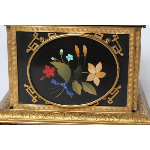 438 - AN ITALIAN STYLE ORMOLU MOUNTED BLACK SLATE PIETRA DURA INLAID CASKET, early 20th century, of rectan... 