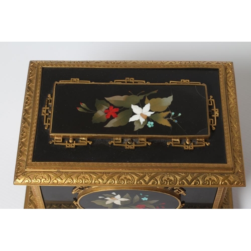 438 - AN ITALIAN STYLE ORMOLU MOUNTED BLACK SLATE PIETRA DURA INLAID CASKET, early 20th century, of rectan... 