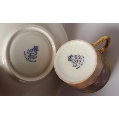 44 - A ROYAL WORCESTER CHINA COFFEE CAN AND SAUCER, 1932 and 1926, painted by Harry Ayrton and William Ba... 