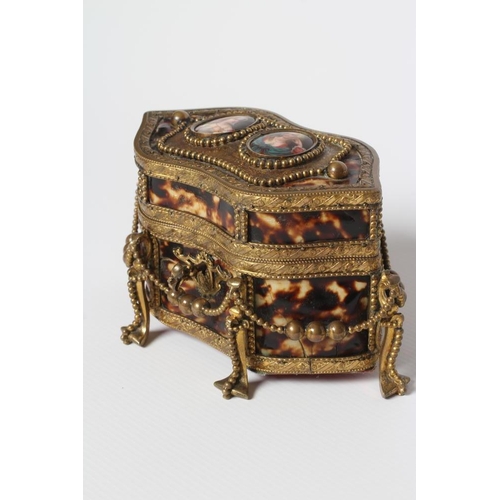 443 - A FRENCH STYLE TORTOISESHELL AND GILT METAL MOUNTED TRINKET BOX, early 20th century, of serpentine f... 