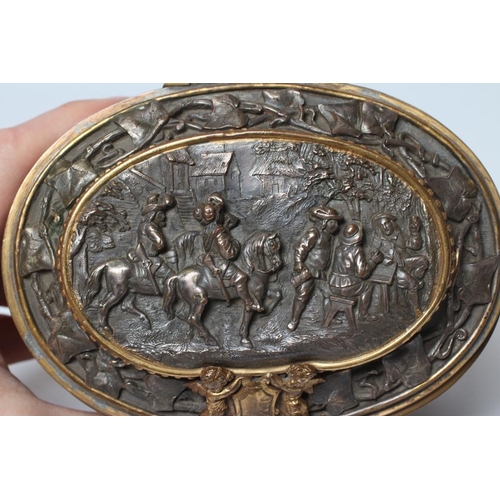 447 - A FRENCH GILDED ORMOLU OVAL JEWELLERY CASKET, late 19th century, with hinged top and medieval scenes... 