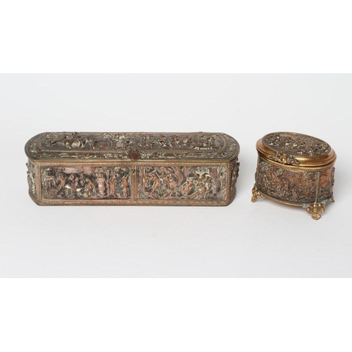 450 - A FRENCH GILDED ORMOLU COPPER OVAL JEWELLERY CASKET, late 19th century, the top, front, back and sid... 