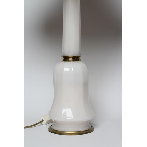 452 - AN OPAQUE WHITE GLASS AND BRASS TABLE LAMP, mid 20th century, with faceted column and bulbous base, ... 