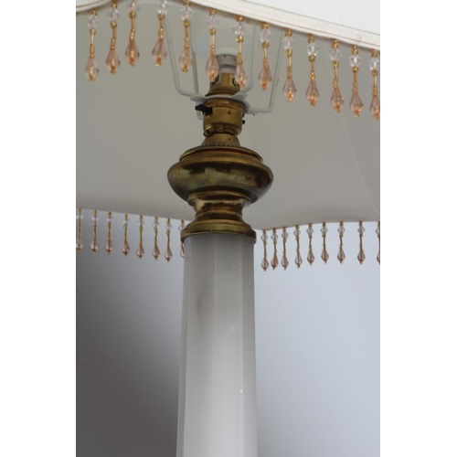 452 - AN OPAQUE WHITE GLASS AND BRASS TABLE LAMP, mid 20th century, with faceted column and bulbous base, ... 