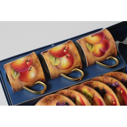 51 - A ROYAL WORCESTER CHINA CABINET COFFEE SET, modern, painted by Steve Smith with fruit still lifes, c... 