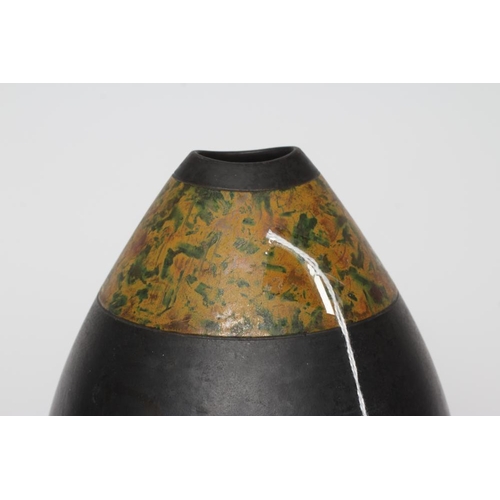 57 - ANDREW HILL (b.1964) - three raku stoneware ovoid vases with mottled glazes, incised initials to bas... 