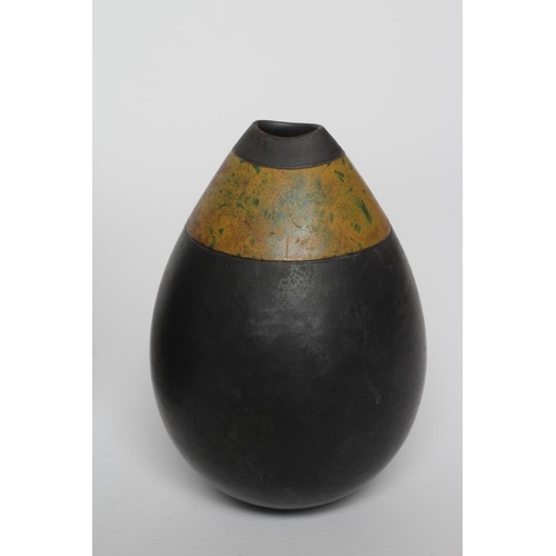 57 - ANDREW HILL (b.1964) - three raku stoneware ovoid vases with mottled glazes, incised initials to bas... 