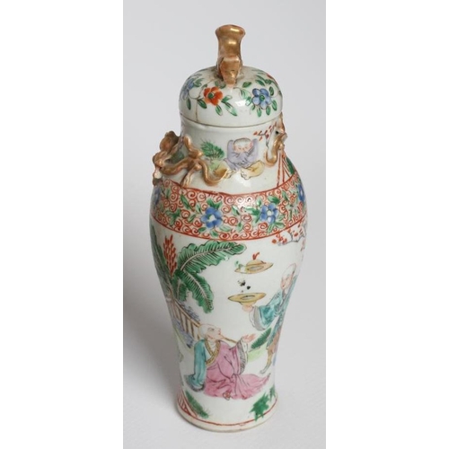 6 - A COLLECTION OF CANTONESE FAMILLE ROSE PORCELAIN comprising a baluster vase, 9 1/2