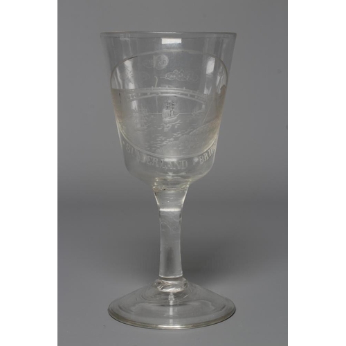 75 - A SUNDERLAND BRIDGE CLEAR GLASS GOBLET, the bucket bowl wheel engraved with a titled oval panel, iss... 